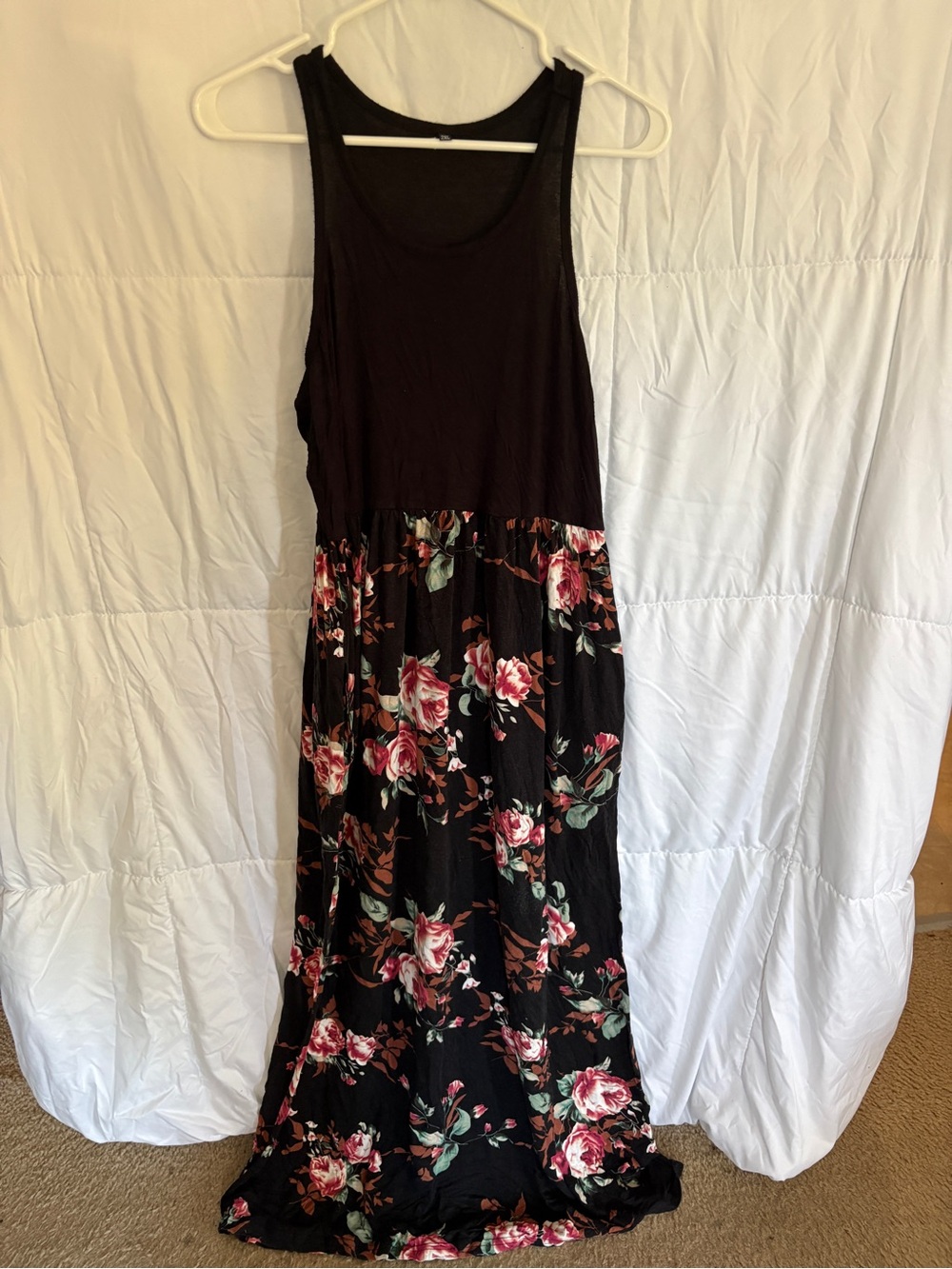 Floral Black Maxi Dress with Pink Rose Print